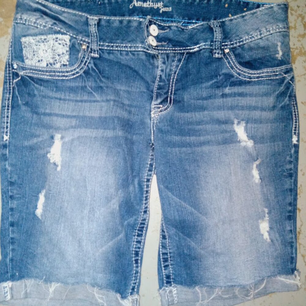 Y2k Amethyst denim shorts DISTRESSED DENIM sequin pocket detail &embroidery